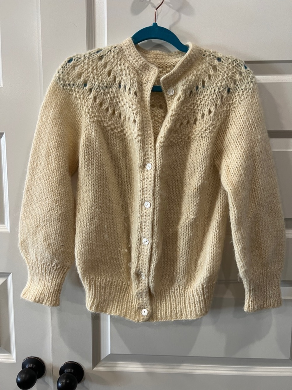 Cream Hand-Knit Lace Yoke Cardigan Sweater
